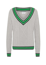 THE UPSIDE women's grey marle organic cotton Josette V Neck Knit Sweater is a regular fit and features cable detailing through front and a green striped neckline. Made for lifestyle.