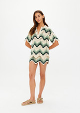THE UPSIDE women's green organic cotton Tidal Sagra Crochet Shirt is designed for a relaxed fit and features tortoiseshell buttons at opening. Made for everyday leisure.