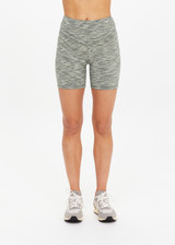 THE UPSIDE women's green Reversible 5inch Spin Short is designed for a soft & supportive fit in a recycled fabric and features embroidered arrow logo on back. Made for yoga & pilates.