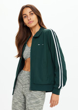 THE UPSIDE women's green Cobra Pari Zip Jacket is a true-to-size fit in a soft fabrication and features knitted stripes down sleeves. Made for everyday leisure.