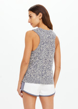 THE UPSIDE women's blue marle organic cotton linen Armada Koby Knitted Tank Top is true-to-size and features a high neckline with a subtle racer back detail. Made for lifestyle.