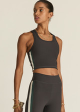 THE UPSIDE women's charcoal Limiter Sophie Crop is designed for a soft & supportive fit in a recycled rib fabrication and features removable cups. Made for yoga & pilates.