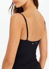 THE UPSIDE women's Black recycled peached Tani Scoop Tank Top features fine elasticated straps with inner shelf bra and removable cups. The perfect wardrobe staple.