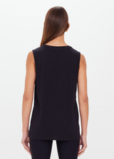 THE UPSIDE women's black organic cotton jersey Jeet Tank Top is a relaxed fit with folded detail and a printed horseshoe logo. The perfect everyday muscle tank.