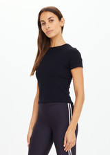 THE UPSIDE women's black Shelter Fitted Tee is made from soft modal rib fabrication and features a embroidered arrow logo at back of neck. Made for everyday wear.