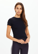 THE UPSIDE women's black Shelter Fitted Tee is made from soft modal rib fabrication and features a embroidered arrow logo at back of neck. Made for everyday wear.