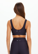 THE UPSIDE women's black Oxford Harley Scoop Bra offers a supportive & comfortable fit made from eco tech performance fabric and features removable cups and contrast white stripes down sides. Made for high impact.