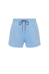 THE UPSIDE women’s blue recycled Era Short is designed to be mid rise, featuring a striped elastic drawcord and inner mesh brief in white. Made for running.