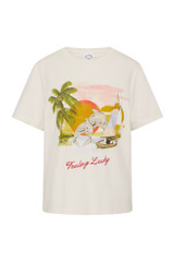 THE UPSIDE women's organic cotton creme Feeling Lucky Jodhi Tee features a classic shape and Feeling Lucky graphic printed on the front chest. Made for everyday wear.