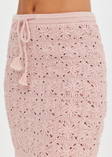 THE UPSIDE women's pink organic cotton Anoki Irena Crochet Midi Skirt features an elasticated waist with tassel braided drawcord and cream scalloped edge detailing. Perfect for travel or everyday.