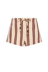 THE UPSIDE women's stripe organic cotton Baja Lucie Drawstring Short has a low-rise cheeky fit, soft elastic waistband, and wooden bead ends on the drawcord. Made for lifestyle.