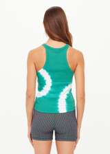 THE UPSIDE women's green organic cotton Asher Racerback Tank Top is hand-dyed in punchy green with arrow logo piping on hem. Made for lifestyle.