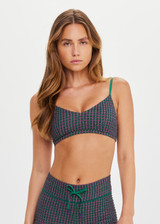 THE UPSIDE women's check Aliki Ballet Bra offers a comfortable fit with adjustable elastic straps in a textured green gingham fabric. Made for yoga and Pilates.