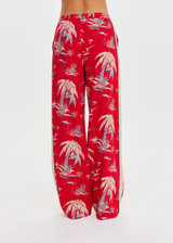 THE UPSIDE women's red Palma Sierra Wide Leg Pant features cream contrast panels, turquoise piping, soft elastic waistband, and side pockets. Perfect for travel or lifestyle.