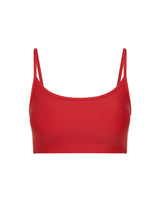 THE UPSIDE women's red eco tech Oxford Hutton Scoop Bra offers support and comfort with cream side stripes, adjustable straps, removable cups, and shelf bra. Made for high impact.