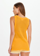 THE UPSIDE women’s organic cotton yellow Fenway Wales Knit Tank has a relaxed fit with ribbed neckline and armholes in an open knit. Made for everyday wear.