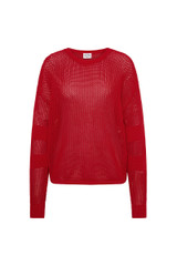 THE UPSIDE women's red organic cotton Fenway Sebastion Knit Crew has a relaxed fit with ribbed neckline and cuffs, and a logo knit detail on the back. Made for everyday wear.