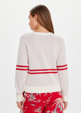 THE UPSIDE women's creme organic cotton Palma Joni Knit Crew features raglan sleeves, palm tree chest design, and red stripes around back and sleeves. Made for lifestyle.