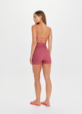 THE UPSIDE women's pink check Aliki Kiva Bodysuit features elastic straps, low cross back, and inner shelf bra with removable cups. Made for yoga and pilates.