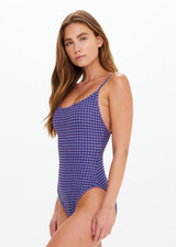 THE UPSIDE women's purple check Aliki Flow Onepiece has low coverage with a scoop front and back neckline and adjustable elastic straps. Made for swim.