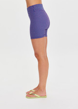 THE UPSIDE women's blue check Aliki 5inch Spin Short offers a firm, supportive fit with mid-rise in a recycled textured fabric. Made for yoga and pilates.
