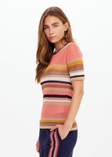 THE UPSIDE women’s stripe Sutton Knit Tee is designed for a slim fit and and features a semi-sheer striped design with a navy contrast neckline. Made for everyday wear.