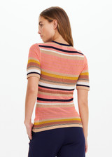 THE UPSIDE women’s stripe Sutton Knit Tee is designed for a slim fit and and features a semi-sheer striped design with a navy contrast neckline. Made for everyday wear.