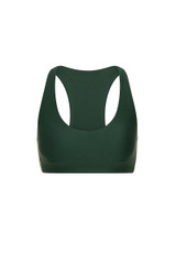 THE UPSIDE women’s green Maneki Jetta Racerback Bra features a V-neck in recycled fabric, removable cups, and elastic underbust support. Made for yoga and pilates.