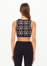 THE UPSIDE women’s navy organic cotton Cosmo Alma Knit Crop Top is designed for a soft & comfortable fit and features a scoop neckline in our cosmo geometric print. Made for everyday wear.
