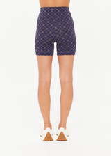 THE UPSIDE women's monogram jacquard Ezra 5inch High Spin Short is high-rise with a V panel waistband. Made for yoga and pilates.
