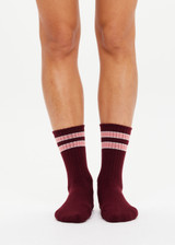 THE UPSIDE women's burgundy Mendoza Crew Sock features jacquard stripes in cream and pink. Made for everyday.