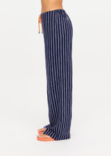 THE UPSIDE women's navy & white stripe Belize Charli Drawstring Pant is a low-rise regular fit, featuring a elasticated waistband with drawcord. Perfect for everyday.