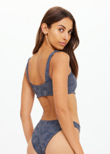 THE UPSIDE women's navy jacquard Secretos Bridie Bra offers a soft & supportive fit and features a scooped square neckline with removable cups. Designed for yoga & pilates.
