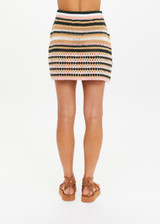 THE UPSIDE women's stripe Bohemia Crochet Mini Skirt is true to size with an encased elastic waist and striped pattern in pink, green, tan, and cream. Made for lifestyle.