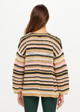 THE UPSIDE women's stripe Bohemia Mari Crochet Jacket offers a relaxed fit with elasticated cuffs and striped design in pink, green, cream, and tan. Made for lifestyle.