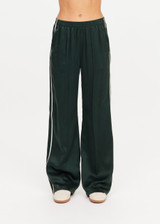 THE UPSIDE women's green Marnie Silk Wide Leg Pant is true to size with high-rise fit, elasticated waistband, and cream side seam bindings. Made for lifestyle.