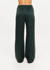 THE UPSIDE women's green Marnie Silk Wide Leg Pant is true to size with high-rise fit, elasticated waistband, and cream side seam bindings. Made for lifestyle.