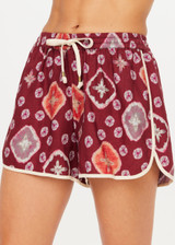 THE UPSIDE women's maroon linen viscose Miri Klio Short offers a relaxed fit with a soft elasticated waistband and contrast cream binds. Made for lifestyle.