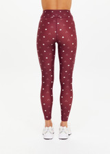 THE UPSIDE women's maroon recycled Bandhani 25-inch midi pant has a soft, supportive fit with elastic drawcord, cream aglets, and mid-rise. Made for yoga and Pilates.
