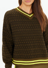 THE UPSIDE women's olive organic cotton Castilla Clementine Knit Crew is designed for a relaxed fit and features a high V neckline with lime-striped rib. Made for lifestyle.