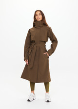 THE UPSIDE women's green James hooded trench coat features recycled waterproof polyester, a true-to-size fit and adjustable waist belt. Made for lifestyle.