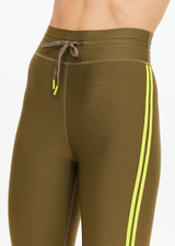 THE UPSIDE women's olive eco tech Oxford 25 Inch Midi Pant is designed for a supportive and comfortable fit and features mid-rise with lime contrast side binds. Made for high impact.