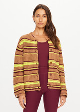 THE UPSIDE women's stripe organic cotton Bendetta Knit Cardigan is designed for a relaxed fit and features a button-up cardigan with tortoiseshell branded buttons. Made for lifestyle.