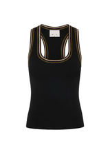 THE UPSIDE women's black organic cotton Paige Racerback Knit Tank is designed for a slim fit and features a low scoop neck with stripe rib on neckline and armholes. Made for lifestyle.