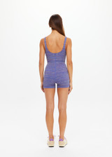 THE UPSIDE women's blue jacquard Neptune Cassandra Bodysuit features a scoop neckline with a low back, removable cups and 3inch shorts. Made for yoga & pilates.