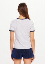 THE UPSIDE women's grey organic cotton Jarama Joy Tee features contrast navy binds at neck and sleeves and The Upside logo on front.