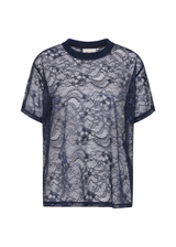 THE UPSIDE women's navy Memento Lace Sammi Tee is designed to be sheer, oversized and can be paired with the Capri Bra for coverage. Made for lifestyle.