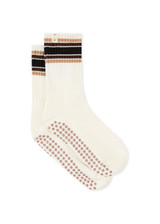 THE UPSIDE women's cream Crew Grip Sock features jacquard stripes in mocha, chocolate and black and grippers at sole. Made for yoga & pilates.