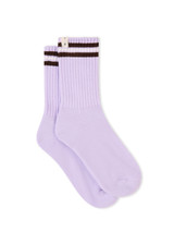 THE UPSIDE women's lilac purple Miami Crew Sock features jacquard stripes in chocolate and cream, with logo pip at edge. Made for lifestyle.