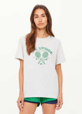 THE UPSIDE women's grey organic cotton jersey Racquet Casey Tee is a regular fit with a green printed racquet logo on front chest. Made for tennis, golf & pickleball.